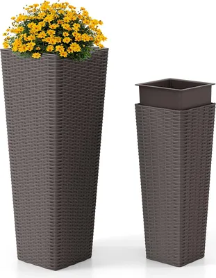 Produktbild von COSTWAY 2er Pflanzkübel 82cm/60cm hoch, Polyrattan Pflanzgefäße mit Innentopf & Entwässerungslöchern, Blumentöpfe Übertopf stapelbar Braun