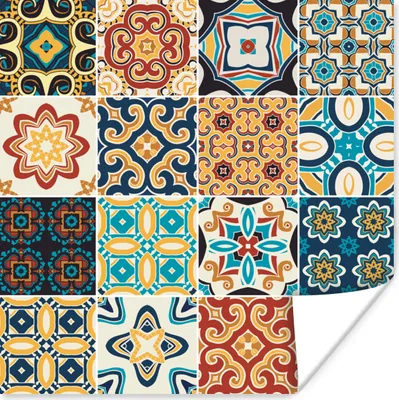 Produktbild von MuchoWow® Poster Blumen - Vintage - Muster - Blau - Orange 75x75 cm - Wand Dekoration