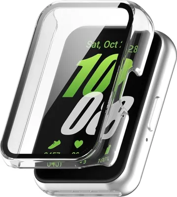 A clear plastic case is shown partially covering a smartwatch.