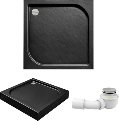 Produktbild von BADLAND Duschwanne Viereck OSKAR 90x90x5,5x16 cm Schwarz, Steinoptik mit Ablaufgarnitur und Füße Gratis