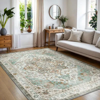Produktbild von Waschbarer Teppich Wohnzimmer 160x230cm Hellgrün Kurzflor Rutschfest Maschinenwaschbar