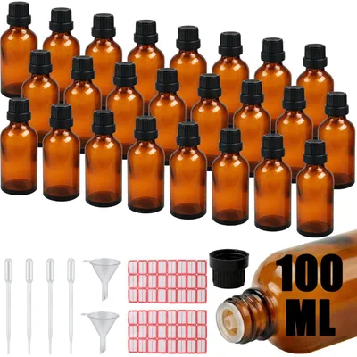 Immagine prodotto di Flacone contagocce da 100 ml - Set da 24 pezzi - Flaconi in vetro ambrato - Include contagocce/imbuti/etichette - Flacone da farmacia - Ideale per oli essenziali - Flacone con contagocce