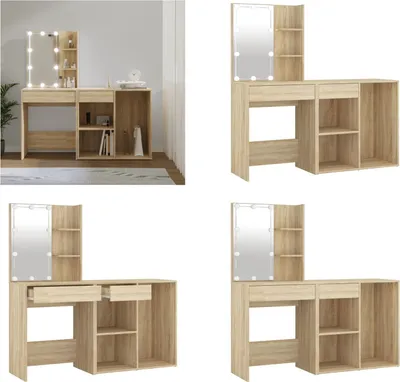 Produktbild von vidaXL LED Schminktisch mit Schrank Sonoma Eiche Holzwerkstoff - LED Schminktisch Mit Schrank - LED Schminktische Mit Schränke - Schminktisch - Frisiertisch