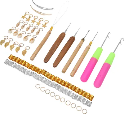 Image de Ensemble de 89 pièces comprenant des anneaux métalliques pour cheveux, des anneaux à tresser, des aiguilles à dreadlocks, des crochets et des outils pour cheveux