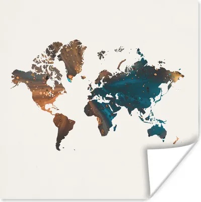 Produktbild von MuchoWow® Poster Weltkarte - Blau - Orange 75x75 cm - Wand Dekoration