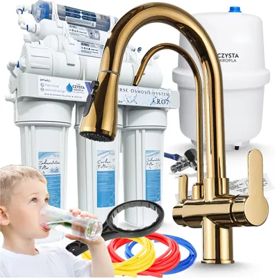 Produktbild von Wasserfilter Set RO7 mit 3-Wege Küchenarmatur Nordic Gold, 7-stufige Osmoseanlage, Mineralisierung