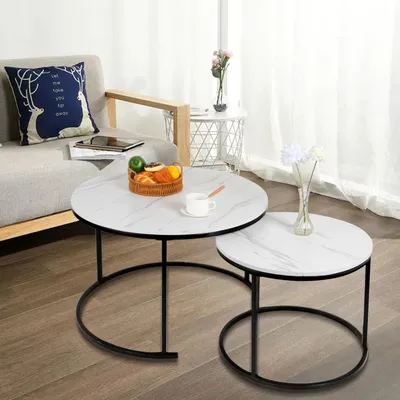 Produktbild von Couchtisch Rund,Satztisch 2er Set,Schwarz Marmor Couchtisch mit Metallgestell,Stapelbar Beistelltisch Set,Sofatisch für Wohnzimmer,Schlafzimmer,Balkon