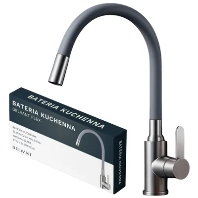 A kitchen faucet and its packaging are shown against a white background.