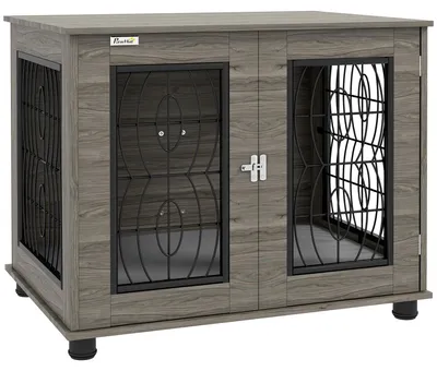 Immagine prodotto di Cuccia per cani PawHut per uso domestico, con cuscino e porta anteriore chiudibile, grigia