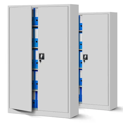 Two gray metal filing cabinets are shown side-by-side. The left cabinet has one door open, revealing shelves filled with blue binders. The right cabinet is closed.