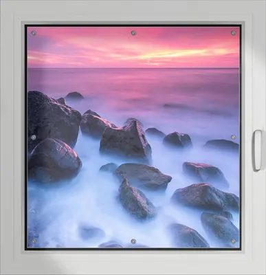Produktbild von Wallario Lichtschutzbild, Dekorativer Sichtschutz Sonnenschutz 96 x 93 cm mit Motiv: Felsen im Meer bei Sonnenuntergang - Verdunklung ohne Bohren