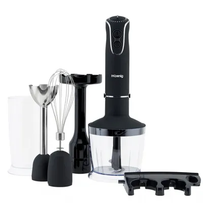 A set of kitchen appliances including a hand blender, whisk attachment, chopper attachment, and a measuring cup, arranged on a white background.