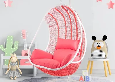 Produktbild von Komplettset: Pinker Hängesessel mit Gestell & Kissen, Poly-Rattan, Schaukel, Lounge weiß, Coral,