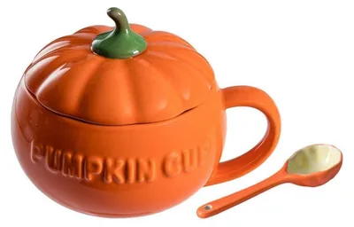 Image de Tasse en céramique avec couvercle et cuillère, couleur orange, motif citrouille