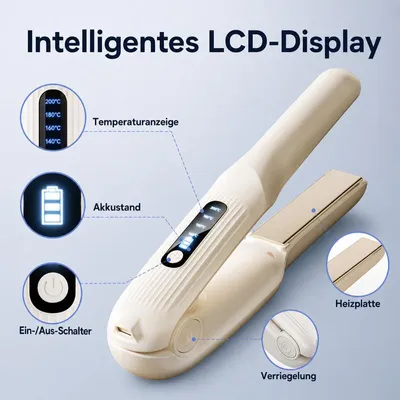 Produktbild von Kabelloser 2-in-1 Haarglätter & Lockenstab, 4000mAh Akku, 4 Stufen, 140-200°C, Keramik, LED, USB-C – Reiseglätteisen für alle Haartypen