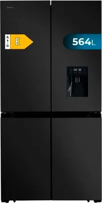 Immagine prodotto di Frigorifero a 4 porte scuro con una grande capacità di 564 L, 183 cm di altezza, 91 cm di larghezza, con distributore d'acqua, classe energetica E e motore Inverter Plus.