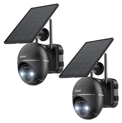 Two black solar-powered security cameras are shown against a white background.