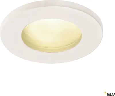 A white recessed light fixture with a warm yellow light emanating from its center, set against a white background.