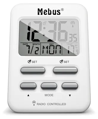 Produktbild von MEBUS Funkwecker mit Temperaturanzeige in Reisegröße, Funkuhr (DCF77), Zwei Weckzeiten, Alarm mit Weckwiederholung (Snooze), Datum, Wochentag, Display