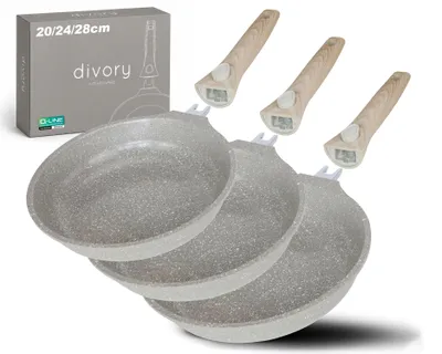 Produktbild von DIVORY 3-tlg. Pfannenset mit Keramikbeschichtung und abnehmbarem Griff, für alle Herdarten geeignet, Backofengeeignet (Natura, 20, 24, 28 cm), KI-generiertes Bild