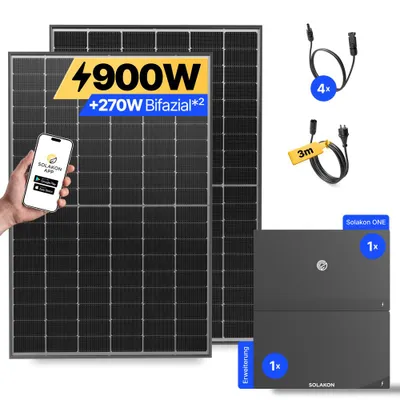 Produktbild von 900W Balkonkraftwerk mit Speicher + Erweiterung Solakon ONE (4,22 kWh) Solaranlage Steckerfertig WIFI Komplettset Photovoltaik Anlage, Kabellänge: 3m