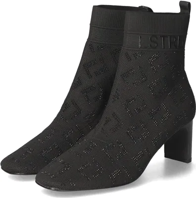 A pair of black knitted ankle boots with a patterned design and a block heel, presented on a white background.