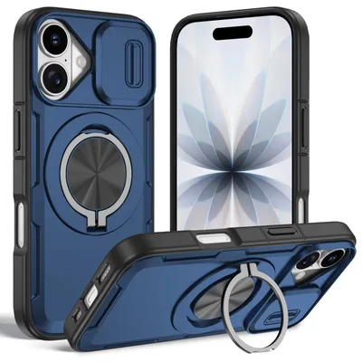Produktbild von Magnetische Hülle für iPhone 17, Militär Stoßfest Handyhülle mit Kameraschutz und Ringhalter Ständer Blau