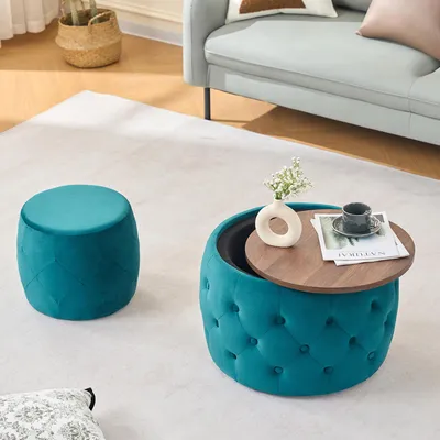 Immagine prodotto di okwish Tavolino da conferenza con pouf impilabili, set da 2 pezzi, tavolino con spazio contenitore, tavolino rotondo e poggiapiedi con piano in legno, 4 in 1, colore blu