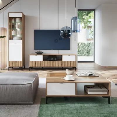 Produktbild von Wohnwand Set Eiche mit weiß und Rillen Design modern RISBY-129 3-teilig mit Couchtisch