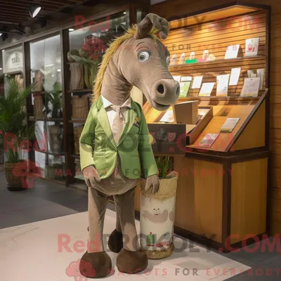 Productafbeelding van Mascottefiguur REDBROKOLY van een olijfkleurig paard gekleed met een colbert en portemonnees