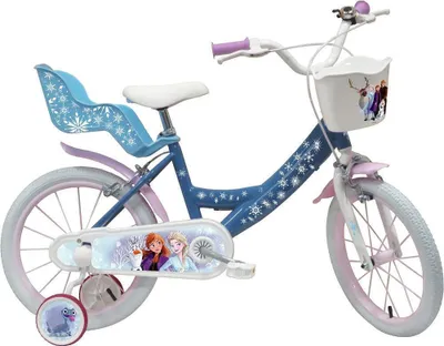 A blue children's bicycle with Frozen characters on the chain guard and basket.