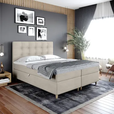 Image de Lit Boxspring Lit double DANTE - 200x200cm Lit avec matelas Bonell, avec sommier pour linge de lit et topper. UN LIT avec une tête de lit classique et profilée (beige doré, 200x200)
