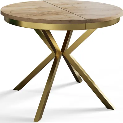 A round dining table with a wooden top and gold metal legs, presented on a white background.