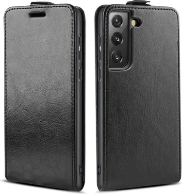 A black flip case for a Samsung Galaxy S21 FE phone is shown from two angles.