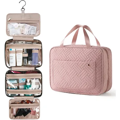 Produktbild von Wasserdichte Reise-Make-up Tasche, doppelschichtiger Kosmetik- und Toilettenartikel Aufbewahrungsbeutel, handlich und praktisch für Reisen, in Pink.