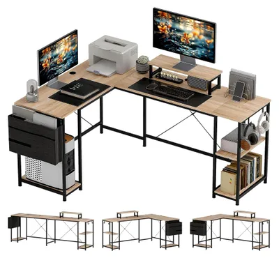 Produktbild von L-förmiger Schreibtisch mit Regal und Monitorständer, Computertisch für Büro und Schlafzimmer, 168 x 120 x 90 cm, Naturholz