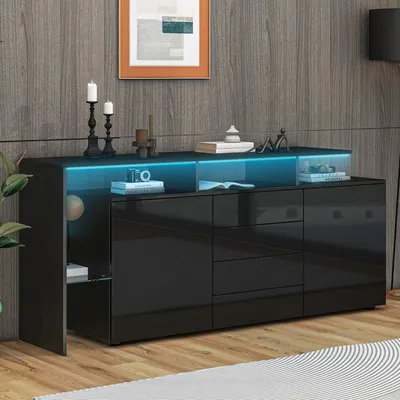 Obrázek produktu pro MODFU Komoda / sideboard s LED atmosférickým osvětlením, multifunkční vysoký lesklý skříňový nábytek do obývacího pokoje, černá