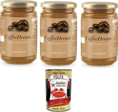 Produktbild von Agrisicilia CoffeeDream, streichfähige Kaffeecreme mit zartem Geschmack, ideal für Sandwiches, Frühstück und Desserts 3x330gr+ Italian Gourmet polpa 400g