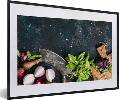 Produktbild von MuchoWow® Gerahmtes Poster Gemüse - Kräuter - Wiegemesser - Zwiebel - Gewürze - Rustikal 60x40 cm - Poster mit Schwarzem Bilderrahmen Wandposter Rahmen Foto Bilder - Schlafzimmer - Plakat in Rahmen - Drucken