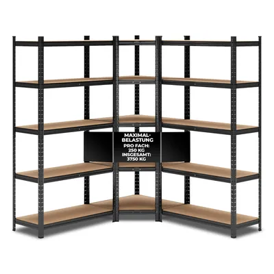 Produktbild von ALL Premium Schwerlastregal Set 1x Eckregal 180x70x40cm u. 2x 180x90x40cm Schwarz – Bis 1250 kg belastbar, höhenverstellbar, ideal für Lager & Keller