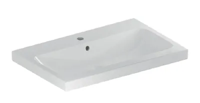 Zdjęcie produktu dla Geberit iCon - Umywalka nablatowa 750x480x160 mm, z przelewem, z otworem na baterię, KeraTect, biała 501.848.00.2