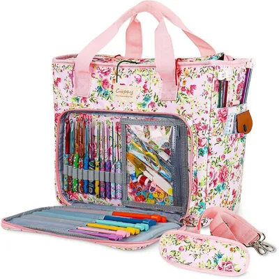Immagine prodotto di Borsa per lana e accessori da lavoro a maglia, extra grande, con motivo di fiori rosa, taglia L