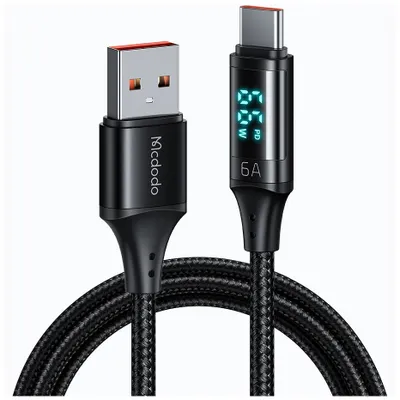 A black USB-C charging cable with a digital display showing charging wattage and amperage.