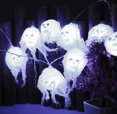 Produktbild von 2.5m 10 LED Halloween lebka víla světla baterie ovládané strašidelné lebka přívěsek světlo pro Halloween Velikonoce Vánoce zahradní party dekorace, bílá
