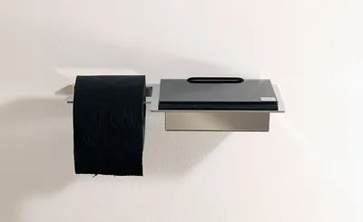 Produktbild von Toilettenrollenhalter und Feuchttücherbox  aus poliertem Edelstahl (waagerecht) und Glas (schwarz)