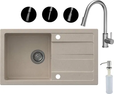 Produktbild von VBChome Spülbecken mit Armatur 77 x 44 cm Beige Einzelbecken Einbauspüle Abtroffläche Gesprenkelt Reversibel Granitspüle Siphon Spülmittelspender Armatur