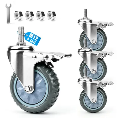 Produktbild von 4 Stück M12 Gewinde Lenkrollen mit Bremse 110mm/4 Zoll 35mm Gewindebolzen Möbelrollen Transportrollen Schwerlastrollen für Möbel Wagen Tragkraft 420KG
