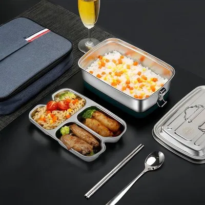 Zdjęcie produktu dla Pudełko na lunch Unyqoos® wykonane ze stali nierdzewnej 304, pojemność 2000 ml – z przegródkami, 100% szczelne, wolne od BPA, idealne do pracy, szkoły i podróży