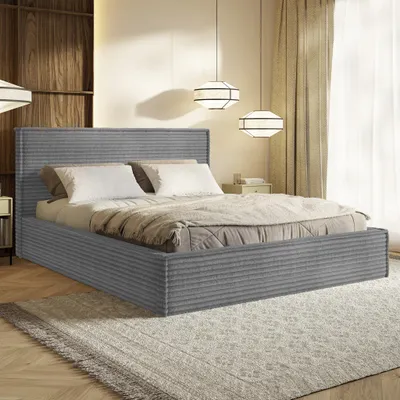 Produktbild von MOTIVENA Boho Polsterbett 180x200 mit Bettkasten, Holz Latttenrost, Bett 180x200 Grau Cord (Tilia 85)