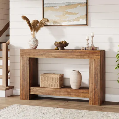 Obrázek produktu pro Konzole, 120 cm, venkovský styl, dvoustupňová, s úložným prostorem, dřevěná, barva: imitace dřeva